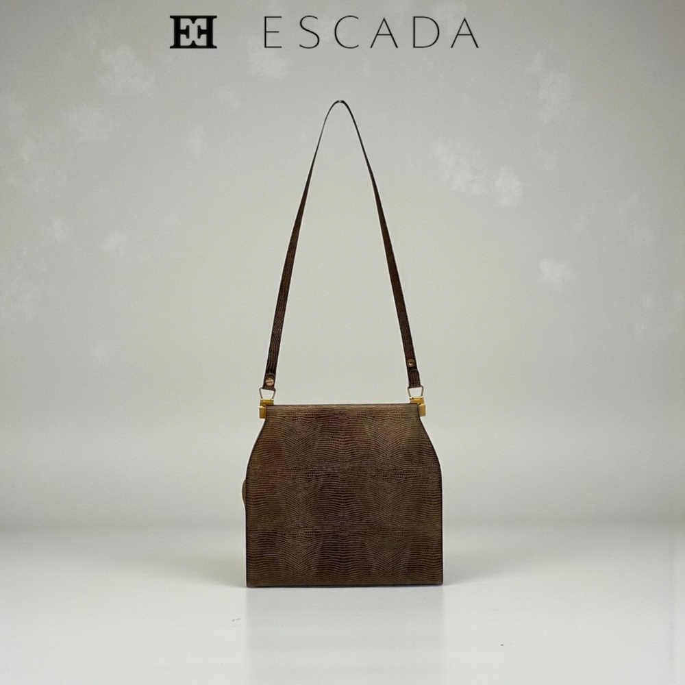 Vintage ESCADA Genuine Lizard Exotic Leather Shoulder Bag Brown Gold Hardware - Picture 3 of 9